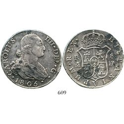 Madrid, Spain, bust 8 reales, Charles IV, 1805FA. KM-432.1; CT-675. 26.4 grams. Choice, lustrous AU+