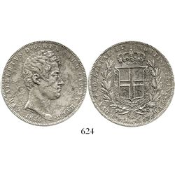 Sardinia, Italy, 5 lire, Charles Albert, 1835-P, anchor mintmark. KM-113.3. 23.0 grams. Choice XF de