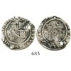 Image 1 : Lima, Peru, 1 real, Philip II, assayer R (Rincon), motto as PL-VS-V above dot (denomination). S-L1;