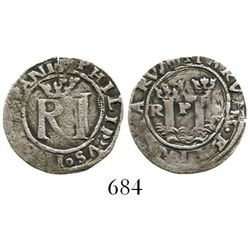 Lima, Peru, 1/2 real, Philip II, assayer R (Rincon), obverse legend ending in HISPANI, reverse legen