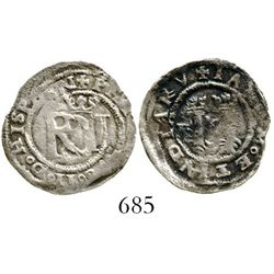 Lima, Peru, 1/2 real, Philip II, assayer R (Rincon), obverse legend ending in HISPAN, reverse legend