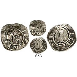 Lima, Peru, 1/4 real, Philip II, assayer R (Rincon), very rare. S-L1; KM-1; CT-761. 0.6 gram. One of
