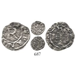 Lima, Peru, 1/4 real, Philip II, assayer R (Rincon), very rare. S-L1; KM-1; CT-761. 0.4 gram. Small