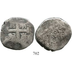 Lima, Peru, cob 8 reales, 1739V. S-L22; KM-34a; CT-661. 25.8 grams. Most of pillars and cross, clear