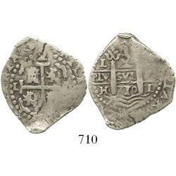 Lima, Peru, cob 2 reales, 1710H. S-L19; KM-32; CT-1200. 6.3 grams. Broad flan with great full pillar