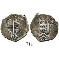 Lima, Peru, cob 2 reales, 1712M. S-L20; KM-32; CT-1203. 6.3 grams. Excellent full pillars-and-waves,