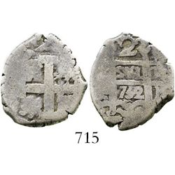 Lima, Peru, cob 2 reales, 1752(R ), very rare. S-L23; KM-A43; CT-unlisted. 6.1 grams. Bold full date