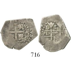 Lima, Peru, cob 1 real, 1685R. S-L7; KM-20; CT-672. 3.2 grams. Broad, sharply 5-sided flan with good