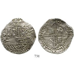 Potosi, Bolivia, cob 8 reales, Philip II, assayer RL. S-P13; KM-5.1; CT-159. 27.4 grams. Excellent f