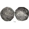 Image 1 : Potosi, Bolivia, cob 8 reales, Philip II, assayer RL. S-P13; KM-5.1; CT-159. 26.9 grams. Deeply tone