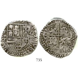 Potosi, Bolivia, cob 8 reales, Philip III, assayer T, lions and castles transposed in cross and in s