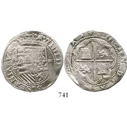 Potosi, Bolivia, cob 4 reales, Philip II, assayer B (1st period, "Lima style," with commas in legend