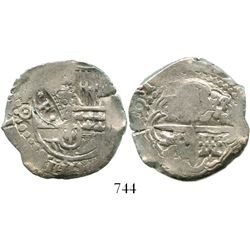 Potosi, Bolivia, cob 4 reales, (1649)O/Z, crowned-•F• countermark on shield, rare as non-salvage. S-