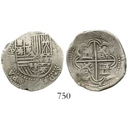 Potosi, Bolivia, cob 2 reales, Philip II, assayer B (3rd period). S-P10; KM-3.2; CT-unlisted. 6.4 gr