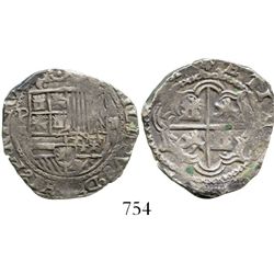 Potosi, Bolivia, cob 2 reales, Philip II, assayer B (5th period), borders of x's, backwards S in leg