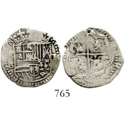 Potosi, Bolivia, cob 1 real, Philip II, assayer B (3rd period). S-P10; KM-2.2; CT-649. 3.2 grams. Ch