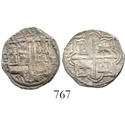 Potosi, Bolivia, cob 1 real, Philip II, assayer B (5th period), borders of x's. S-P14; KM-2.3; CT-un