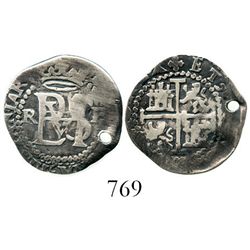Potosi, Bolivia, cob 1/2 real, Philip II, assayer R (Rincon) to left. S-P1; KM-1; CT-713 (under Lima