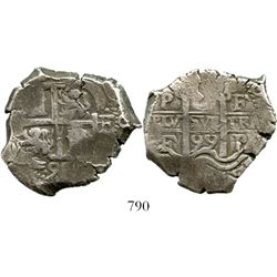 Potosi, Bolivia, cob 8 reales, 1699F. S-P42; KM-26; CT-388. 26.3 grams. Good full cross and pillars,