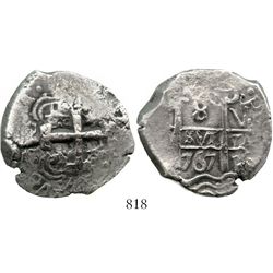 Potosi, Bolivia, cob 8 reales, 1767V-(Y). S-P57; KM-45; CT-954. 23.9 grams. Bold pillars, waves, dat