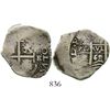 Image 1 : Potosi, Bolivia, cob 2 reales, 1668E. S-P37b; KM-24; CT-595. 5.4 grams. Full but off-center pillars-