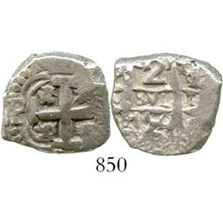 Potosi, Bolivia, cob 2 reales, 1754q/C, very rare. S-P54; KM-38. 6.4 grams. Bold denomination and q/