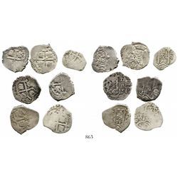 Lot of 7 Potosi, Bolivia, cob 1R of Charles II, various dates, assayers E (1) and VR (6). KM-23. 17.