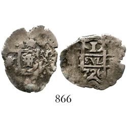 Potosi, Bolivia, cob 1 real, 1726Y, Louis I. S-P43b; KM-33; CT-50. 2.5 grams. Full pillars with bold