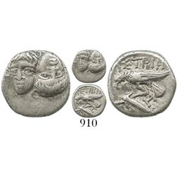 Moesia, Istros, AR 1/5 stater, 4th century BC. SNG BM 234v. 1.4 grams. Facing male heads, the left o