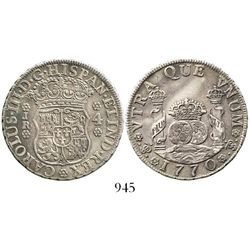 Potosi, Bolivia, pillar 4 reales, Charles III, 1770JR. KM-49; CT-1172. 13.4 grams. Deeply toned AXF,