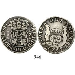 Potosi, Bolivia, pillar 2 reales, Charles III, 1769/8JR, fancy 9, very rare overdate. KM-unlisted; C