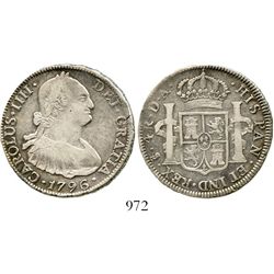 Santiago, Chile, bust 4 reales, Charles IV, 1796DA. KM-60; CT-895. 13.3 grams. Nice VF+ with rainbow