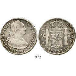 Santiago, Chile, bust 4 reales, Charles IV, 1796DA. KM-60; CT-895. 13.3 grams. Nice VF+ with rainbow