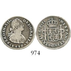 Santiago, Chile, bust 1 real, Ferdinand VII (bust of Charles IV), 1816FJ. KM-65; CT-1224. 3.1 grams.