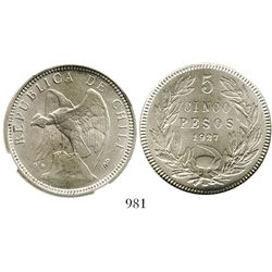 Santiago, Chile, 5 pesos, 1927, wide 5, encapsulated NGC MS 63. KM-173.2.  Highly lustrous and start