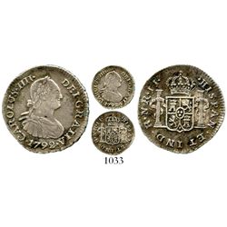Bogota, Colombia, bust 1/2 real, Charles IV, 1792JJ, rare. KM-57; Restrepo-77.1; CT-1327. 1.6 grams.