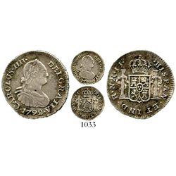 Bogota, Colombia, bust 1/2 real, Charles IV, 1792JJ, rare. KM-57; Restrepo-77.1; CT-1327. 1.6 grams.