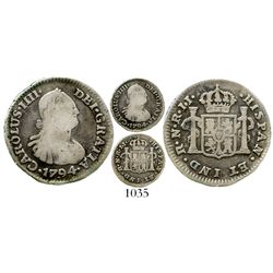 Bogota, Colombia, bust 1/2 real, Charles IV, 1794JJ, rare. KM-57; Restrepo-77.3; CT-1329. 1.8 grams.