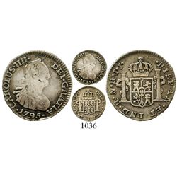 Bogota, Colombia, bust 1/2 real, Charles IV, 1795JJ, rare. KM-57; Restrepo-77.4; CT-1330. 1.9 grams.
