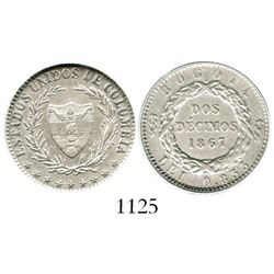 Bogota, Colombia, 2 decimos, 1867, 5-pointed stars, encapsulated ANACS EF 45. Restrepo-279.2; KM-149