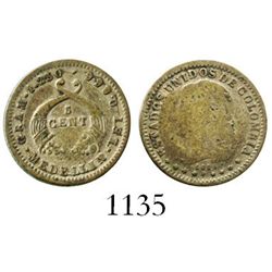 Medellin, Colombia, 5 centavos, 1875, rare. Restrepo-265.1; KM-174a.2. 1.2 grams. Very elusive final