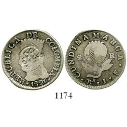 Quito, Ecuador, "MDQ" countermark (1831) on a Bogota, Colombia (Cundinamarca), 2 reales, 1821JF. Res