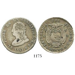 Quito, Ecuador, 4 reales, 1857GJ. KM-37. 12.3 grams. Decent VF with crude rims (as made), small void
