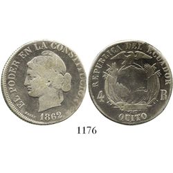 Quito, Ecuador, 4 reales, 1862. KM-41. 12.6 grams. Off-center Fine with bold details, good contrast