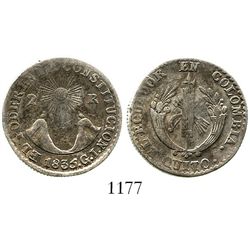 Quito, Ecuador, 2 reales, 1835GJ. KM-14. 6.1 grams. AVF with a few old marks, parts of rim weak, muc