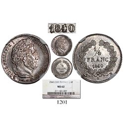 France (Rouen mint), 1/4 franc, 1840/39-B, encapsulated NGC MS 62, extremely rare overdate. KM-740.2