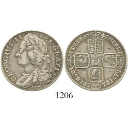 London, England, shilling, 1745, with LIMA below bust of George II. Spink-3703; KM-583.2. 6.0 grams.