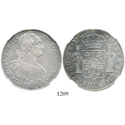 Guatemala, bust 8 reales, Charles IV, 1795/4M, rare overdate, encapsulated NGC AU 50. KM-53; CT-624.
