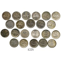 Lot of 11 Guatemala 1/4R, 1873-1899. KM-146, 146a.2, 151, 158, 159 and 162. 8.3 grams total. AU on a
