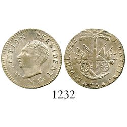 Haiti, 25 centimes, AN14 (1817), Petion. KM-15.2. 2.1 grams. Nice UNC, mostly lustrous, slightly wea